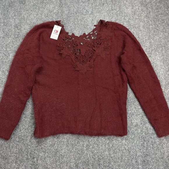 Red By BKE Buckle Sweater Eyelash Knit Lace Womens Small Oversized NEW W Tags - Picture 2 of 11